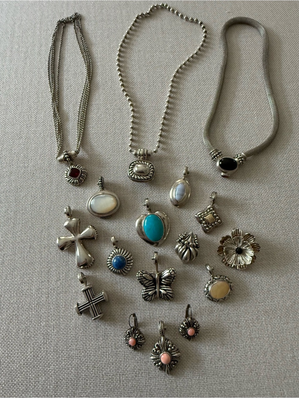 Huge Joseph Esposito Silver Collection with Turquoise, Coral & Onyx Pendants